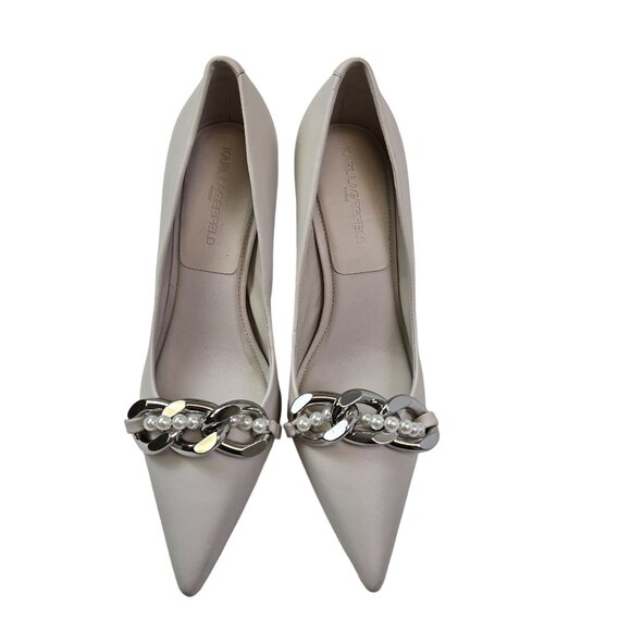 NWT/NWOB Karl Lagerfeld Leather Shivani Chain & Pear Embellished Heels Size 9 - Picture 2 of 9